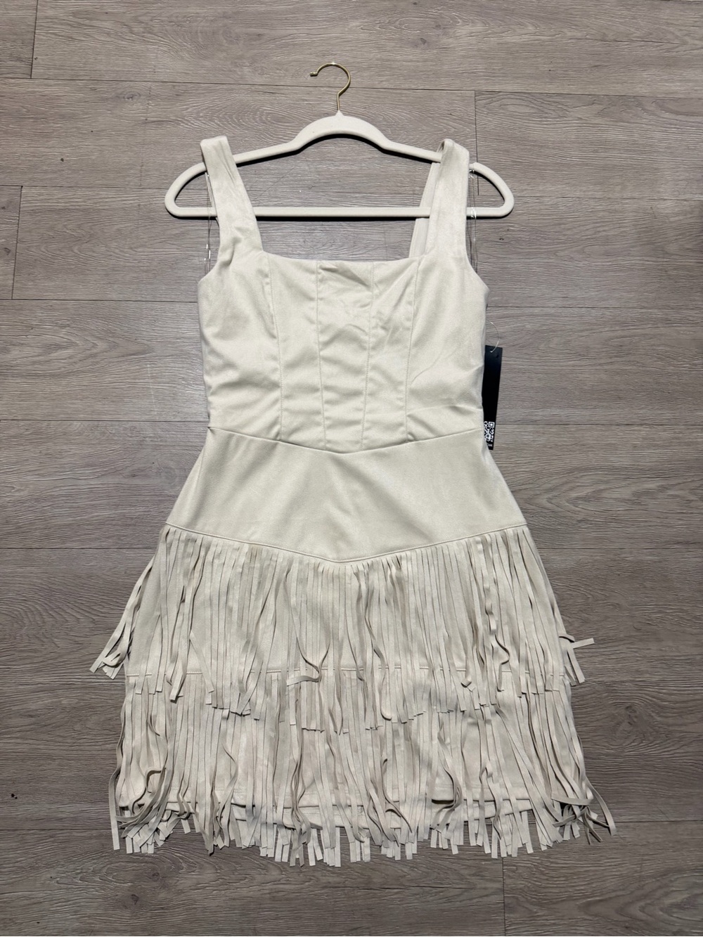 Women's Cream Fringe Mini Dress - Sleeveless Square Neck